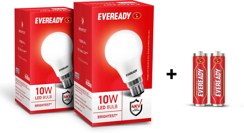 Eveready 10W LED Bulb Pack of 2 with Free 2 Batteries(White, Pack of 2)