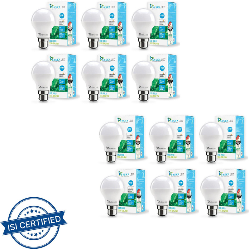 Syska 9 W Basic Standard B22 LED Bulb(White, Pack of 12)
