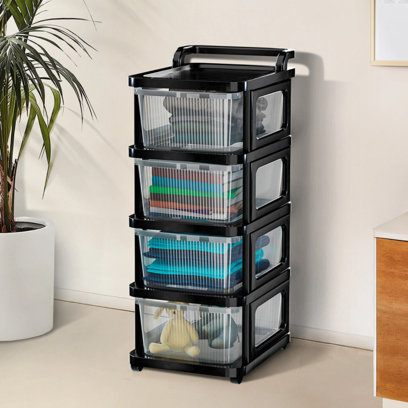 LUXEHOME 4 Layer Plastic Modular Storage Drawer Organizer with Wheels Plastic Free Standing Chest of Drawers(Finish Color - Transparent Black, DIY(Do-It-Yourself))