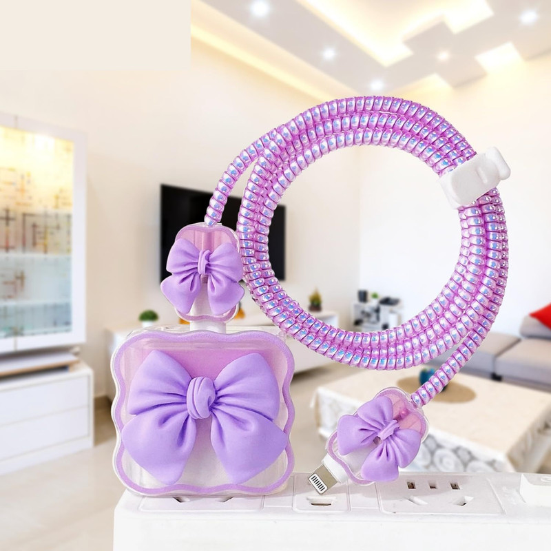 AUDICE iPhone Charger Cover For 18W/20W | Cute Purple Bow Design| Spiral Cable Protector(Multicolor)