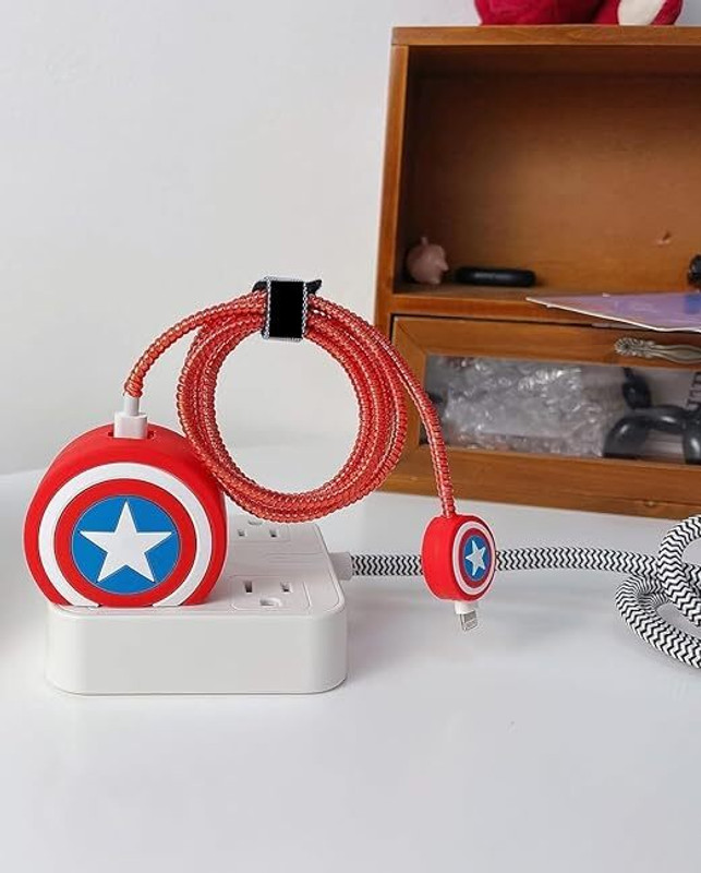 THE ICO iPhone USB-C Power Adapter Charger Cover Cartoon Cable Protector(Captain America Cable Protector(Red)