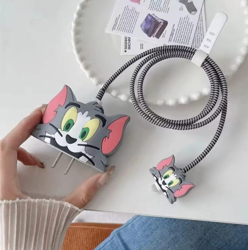 Trading Tom cartoon charger cover for 18w/20w iphone charger soft silicon material Cable Protector(Grey)