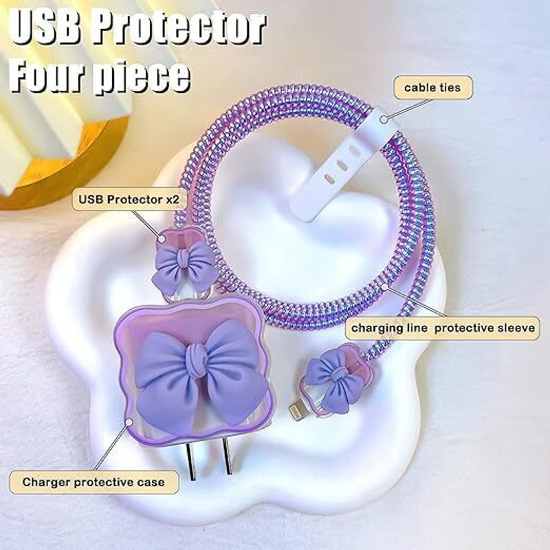 AUDICE iPhone Charger Cover For 18W/20W | Cute Purple Bow Design| Spiral Cable Protector(Multicolor)