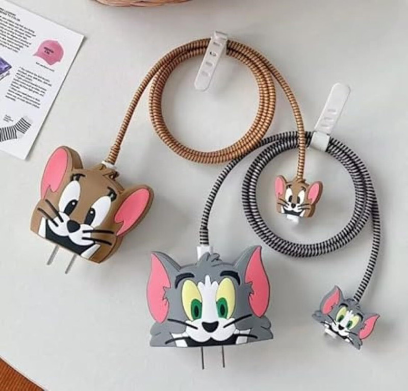 Webilla PACK OF2 Charger Cover for iPhone 18W-20W Charger, 3D cartoon TOM andJerry Brown Cable Protector(Brown, Grey)