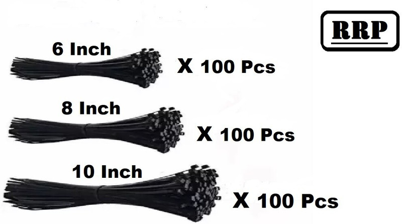 RRP 6" , 8" , 10" Inch (Each 100 Pcs) Combo Pack BLACK Nylon Flexible Straps Cable Tie(Black Pack of 300)