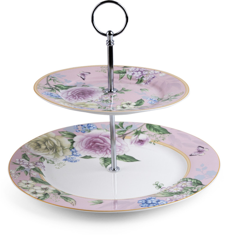 MGeezz Ceramic Floral Pink Two-Tier Cake Stand Detachable Layers Ceramic Cake Server(Pink, White, Pack of 1)