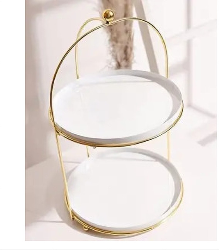Ebullient Enterprises Metal 2-Tier Cake Stand Snack Platter for Home Decor 12.5 Inch height Iron Cake Server(Gold, White, Pack of 1)