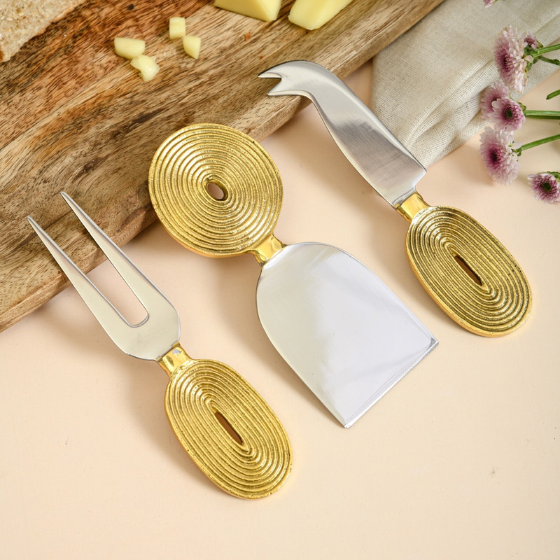 PRAVAAH Punkh Cheese Knife Set Brass Cake Server(Gold, Pack of 4)