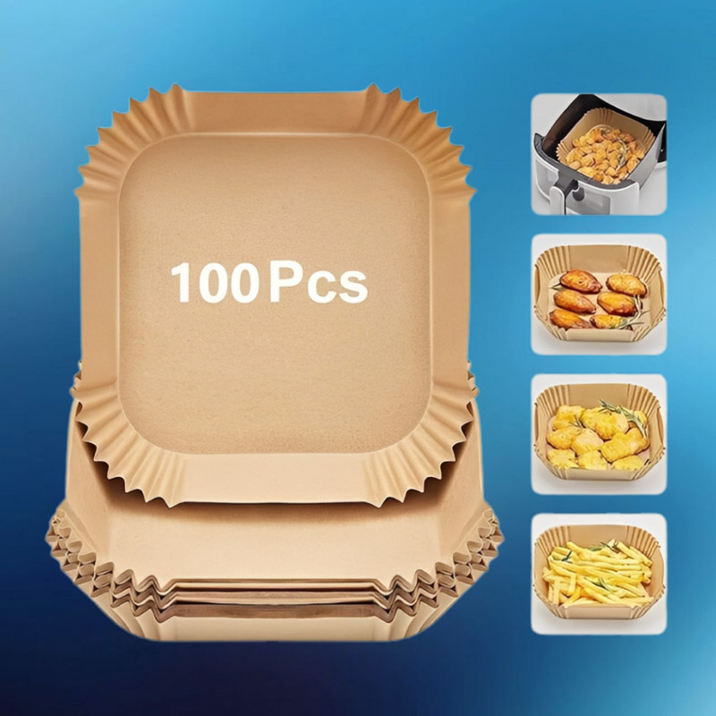 HOFEX 100 Pcs Square Air Fryer Disposable Paper Liner Non-Stick Mat Paper Cake Server(Brown, Pack of 100)