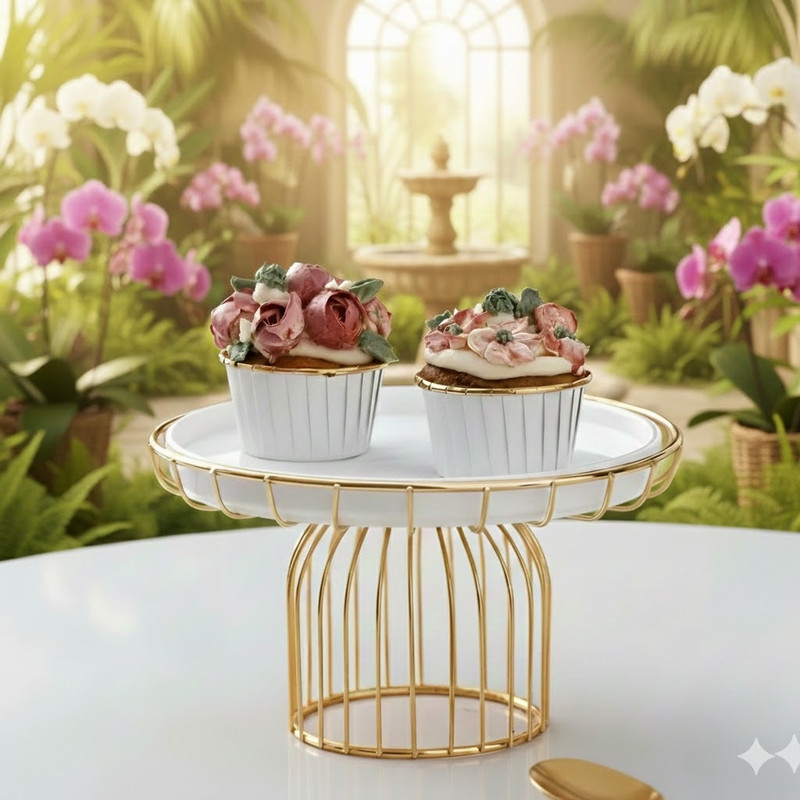 M U d handicraft Gold Metal Birdcage Cake Stand with White Round Top – Modern Iron Cake Server(Gold, White, Pack of 1)