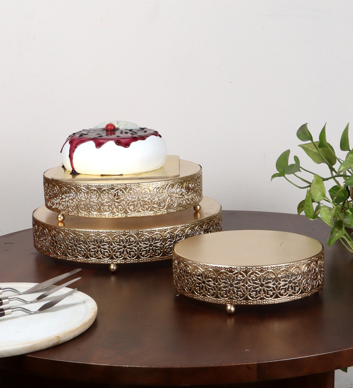 Amaya Decors Round Etching Line Buffet Riser Set of 3 Iron Cake Server(Gold, Pack of 3)