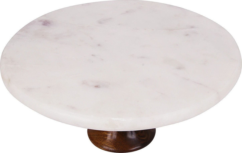 INDIAN ARTISANS MARBLE CAKE STAND WITH WOODEN BASE FOR CAKE CUTTING, SNACKS SERVING PLATTER Marble, Wooden Cake Server(White, Brown, Pack of 1)