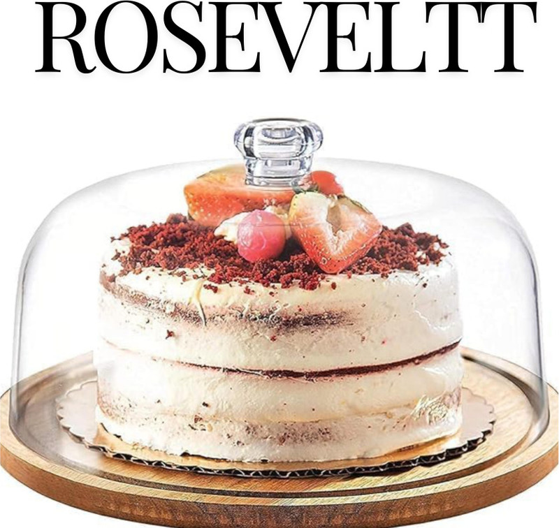 ROSEVELT Wooden Cake Stand with Dome Wooden Cake Server(Brown, Clear, Pack of 1)