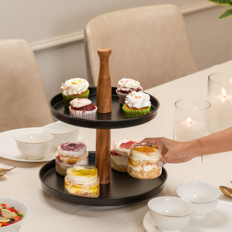 IREKA HOMES Dusk Two-Tier Serving Stand Wooden, Iron Cake Server(Black, Brown, Pack of 1)
