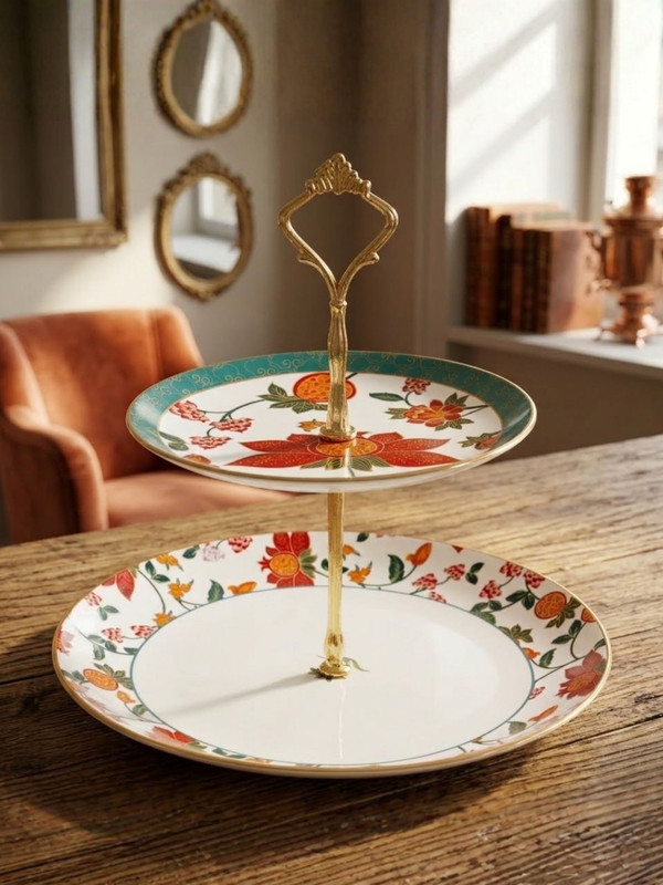 CLAY CRAFT 3 Tier Cake Stand Floral Design Ceramic Serving Stand with Gold Handle (LE10) Ceramic Cake Server(Red, Pack of 1)