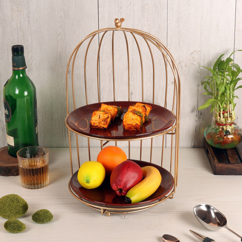 Amaya Decors Two Layer Cage Ceramic Platter with Maroon Plates Iron Cake Server(Gold, Maroon, Pack of 1)