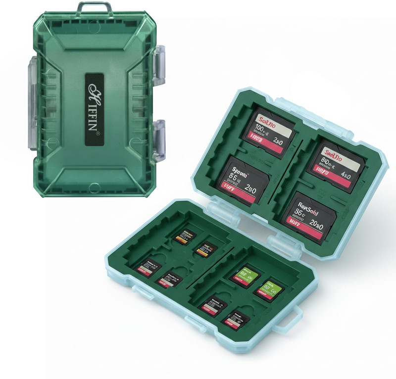 Hiffin 29-in-1 Memory Card Storage Case | Large Capacity ABS+TPE Waterproof Organizer Box for CFexpress Type A/B, SD, TF & SIM Cards | Shockproof, Portable & Travel-Friendly Camera Bag(Green)