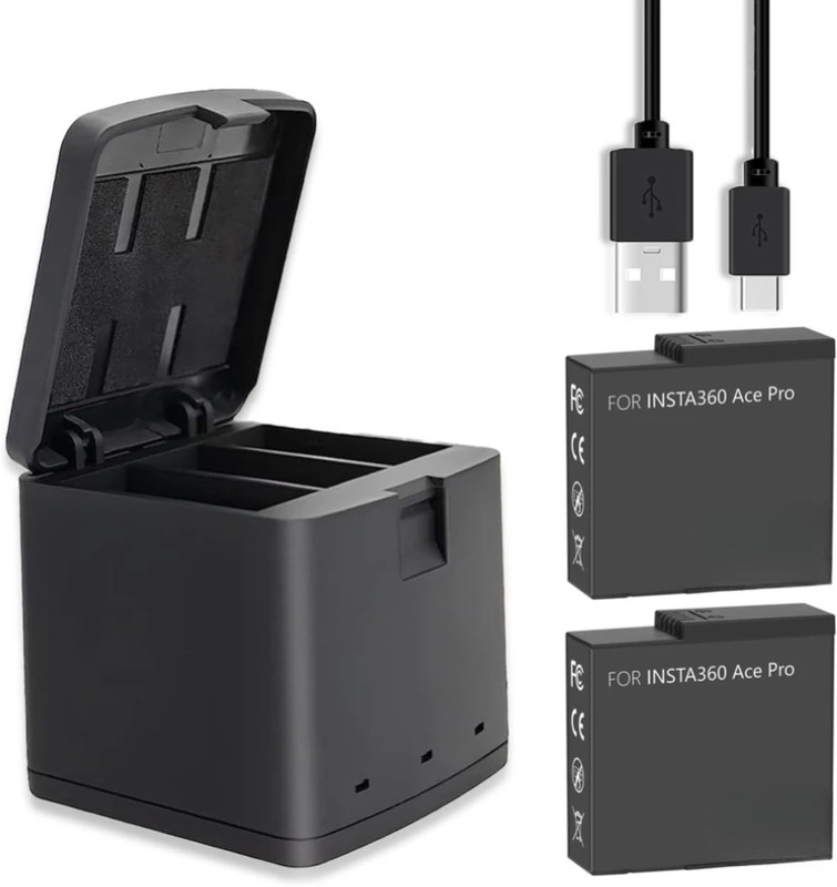 ELFOG 2 Pack Battery with Triple Slot USB Fast Charger Hub for Insta360 Ace Pro  Camera Battery Charger(Black)