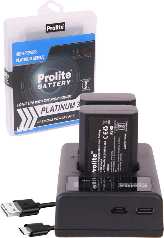 Prolite NP-FW50 Combo | 2 NP-FW50 Platinum Li-ion Camera Battery with 1 Dual LCD  Camera Battery Charger(Black)