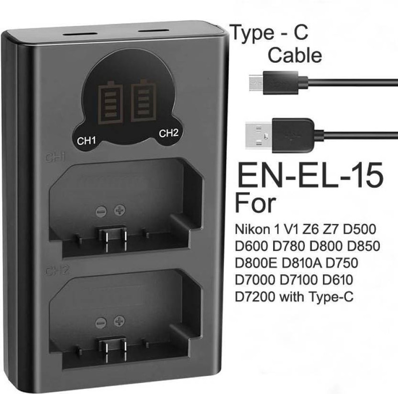 Lamkoti EN-EL-15 dual fast camera battery charger with type 'c' cable for nikon battery  Camera Battery Charger(Black)