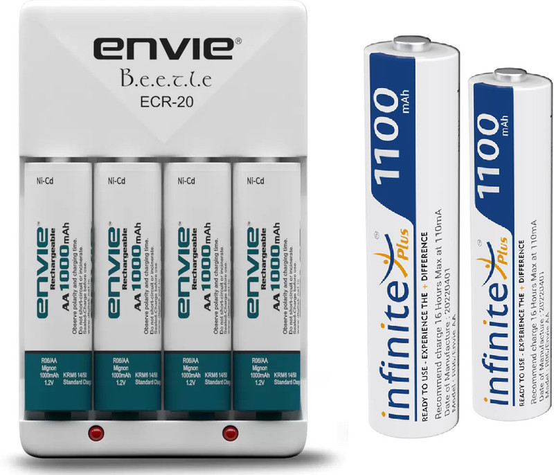 Envie 1000mah 4pl + 1100mah 2pl Ni-MH Rechargeable Battery With Ecr20 Charger  Camera Battery Charger(White)