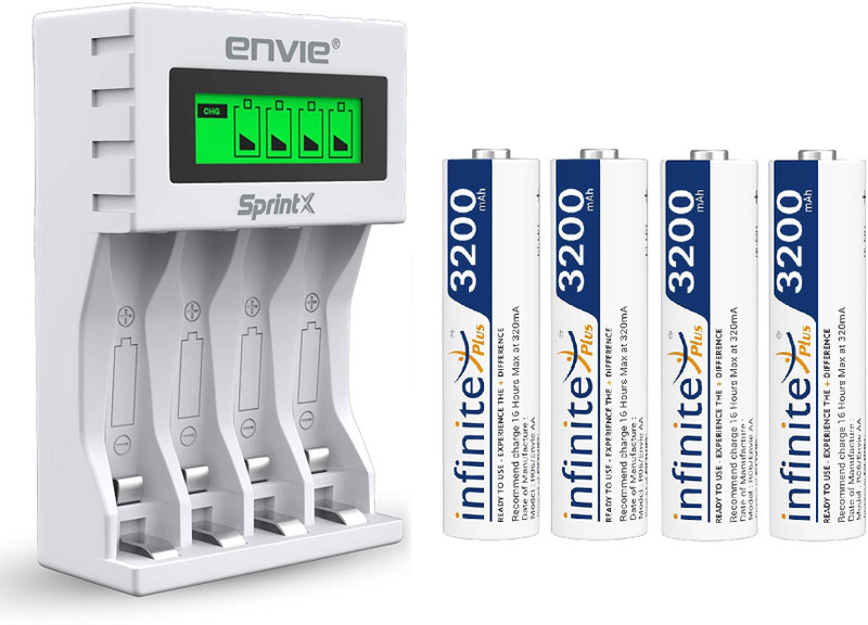 Envie 3200mAh Ni-MH 4Pcs High Capacity Rechargeable Battery With ECR11 MC LCD  Camera Battery Charger(White)