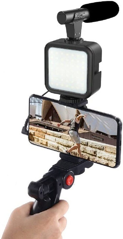 HAKSOW Vlogging Kit Compatible with All Phones And Cameras with Remote Mic LED Holder Tripod(Black, Supports Up to 500 g)