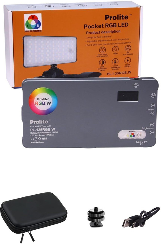 Prolite RGB Pocket LED Video Light with Built-in Battery, 21 Light Effects, Carry Case | 2200 lx Camera LED Light(Batteries Included)