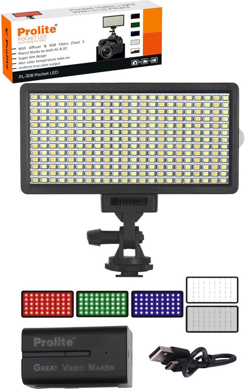 Prolite Bi-Color LED PL-308 Camera Video Light with R,G,B+2 Diffusers, Battery, Wire | 4400 lx Camera LED Light(Batteries Included)
