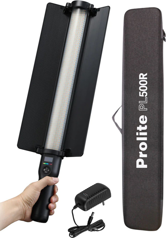 Prolite PL500R | Dual-Side Stick Lighting (CCT, HSI / RGB, 15 FX) & Reversible Barndoor 6000 lx Camera LED Light(Batteries Included)