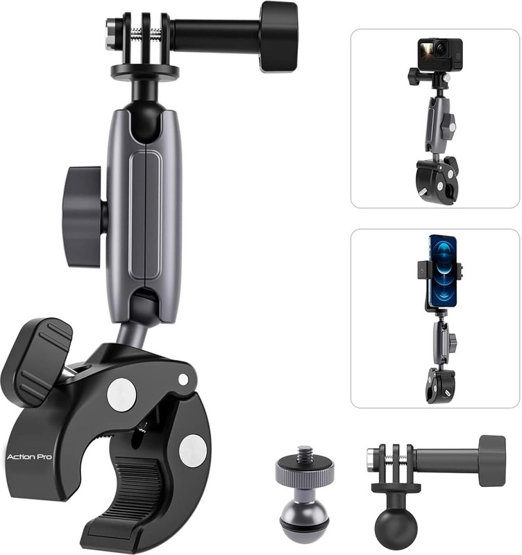 Action Pro Handlebar Grip Camera Mount(Handlebar Bike Mount 360° Double Ballhead Magic Arm with 1/4"-20 Thread)