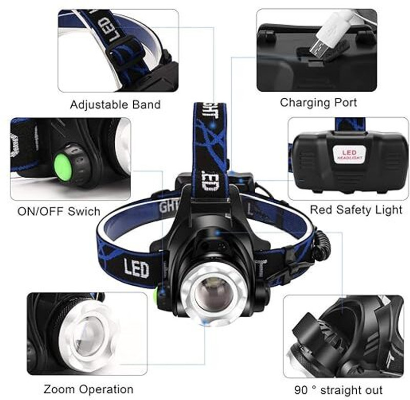 SHARNGA Rechargeable headlamp,6 LED 8 Modes 18650 USB Rechargeable Waterproof Flashlight Cam