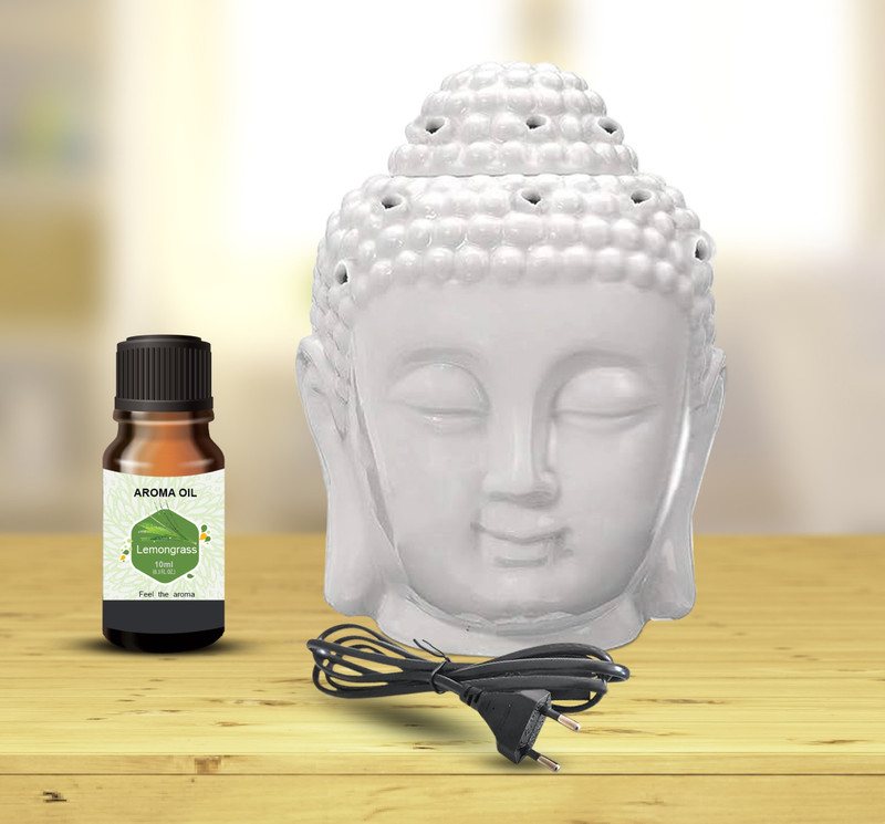 PEEPRESION Ceramic Electric Buddha Head Diffuser With 1 Lemongrass Scented Oil (10Ml Each) Home, Office, Spa, Hotel, Temple Diffuser(White)