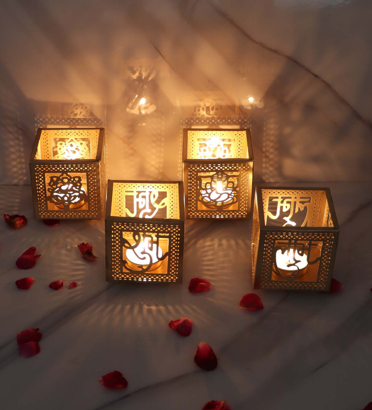 Amaya Decors Laxmi Ganesh Etching Votive Gold Iron Table Lantern(7 cm X 7 cm, Pack of 4)