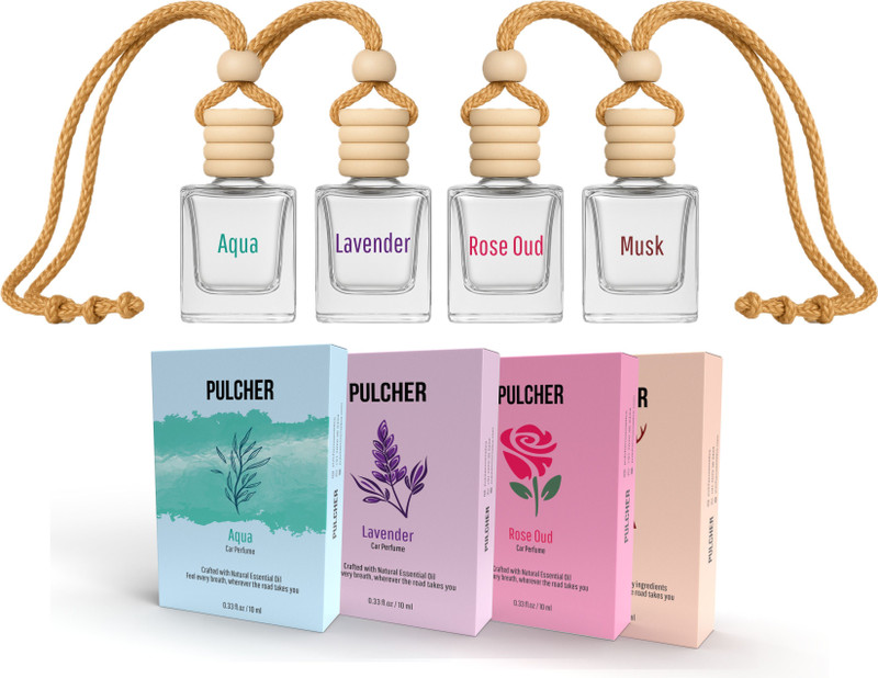 PULCHER Car Freshener - Assorted Combo Pack of 4, Musk, Aqua, Lavender, & Rose Oud Long-Lasting Essential Oil for Cars Dashboard to remove Odor, 4x10 ml Air Purifier(Pack of 4)
