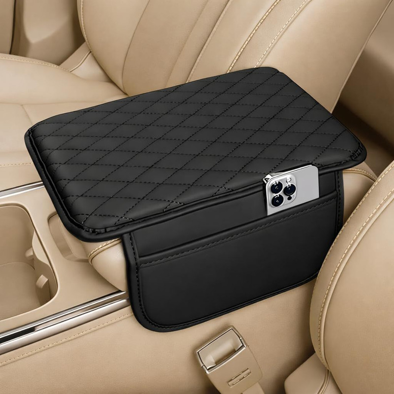 AARUKCREATION Car armrest cushion with side pockets, PU leather Car Armrest Cover