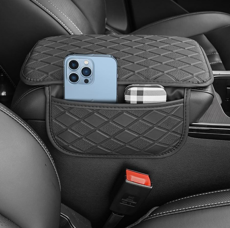 Eliane Car Center Console Armrest Black Cover Pad PU Leather with 2 Mobile Pockets Car Armrest Pad Cushion