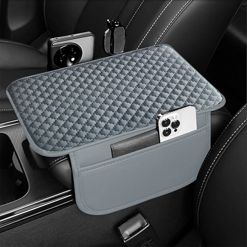 LYROVO PU Leather Car Armrest Cushion Pad (Grey) Car Armrest Pad Cushion
