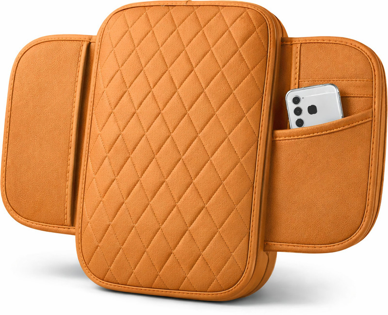 OBEROI'S TRADERS Premium Seat Console Pad PU Leather with Dual Phone Pockets Universal Brown Car Armrest Cover