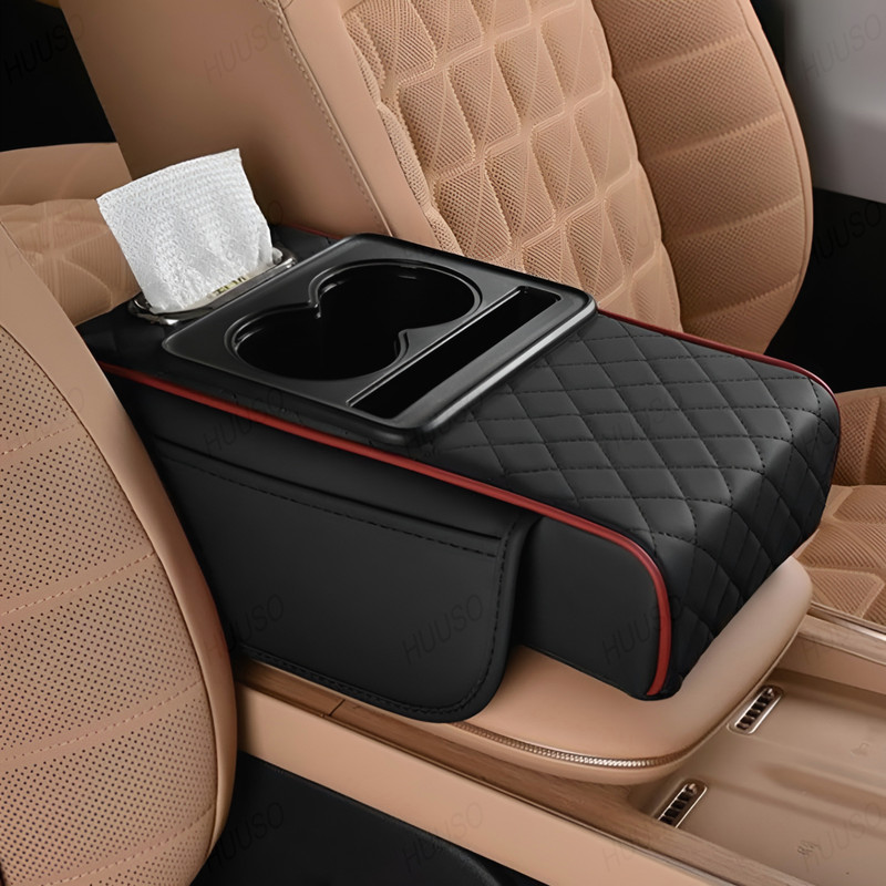 HUUSO Console X7 with Tissue and Cup Holders, Mobile Slot & Side Pockets Car Armrest Pad Cushion