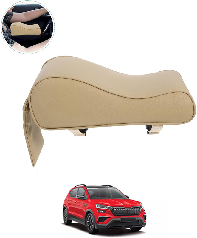 RKPSP Beige PU Leather/Memory Foam Armrest Cushion Pad with Pocket & Elastic Strap-167 Car Armrest Pad Cushion