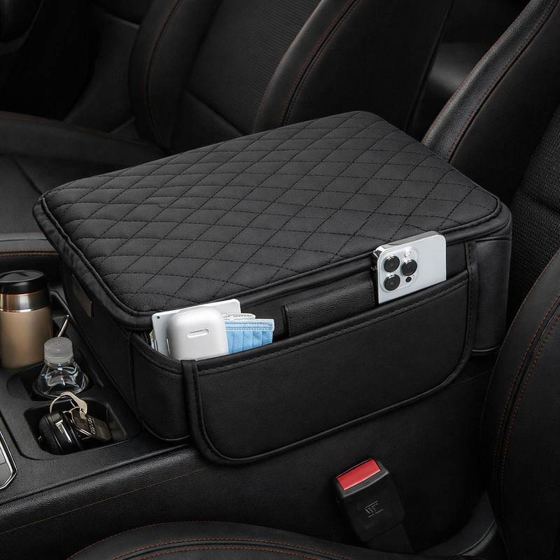 Symvi Car Armrest Cushion Pad With Dual Pockets – Universal Fit,Leather,Storage Pocket Car Armrest Pad Cushion