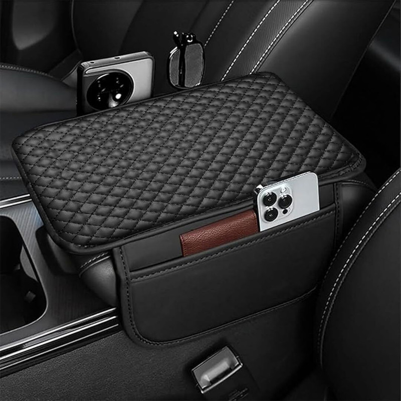 VISTRAN Car Armrest Pad PU Leather Cushion Cover with Side Pockets Car Armrest Pad Cushion