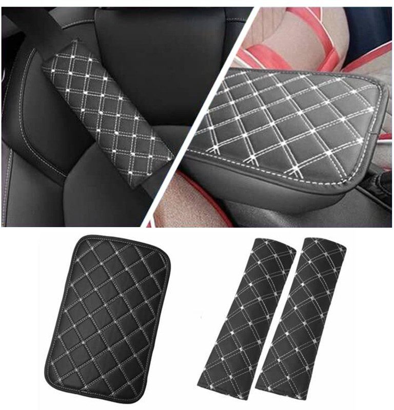 Edylinn 1pc Center Console Armrest Pad&2Pcs Seat Belt Pad, Universal Car Black/White Car Armrest Cover