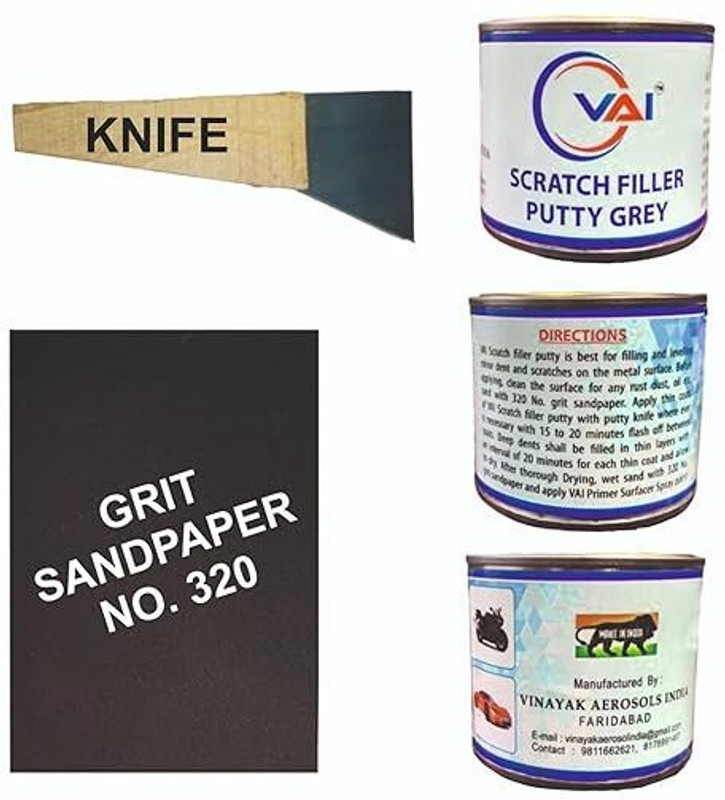 VAI Scratch Car Body Filler Putty Grey-200 gms,1 putty knife and 320 Grit sandpaper Car Body Filler Putty