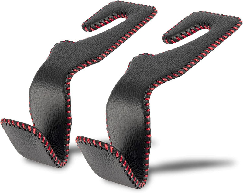 JVCV Headrest Hooks for Car, Back Seat Organizer black red Leather Car Coat Hanger