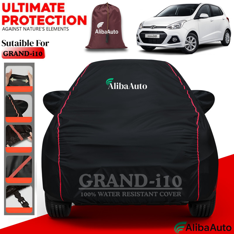 AlibaAuto Car Cover For Hyundai Grand i10 (With Mirror Pockets)(Black, Red, For 2019, 2020, 2021, 2022, 2023, 2024 Models)