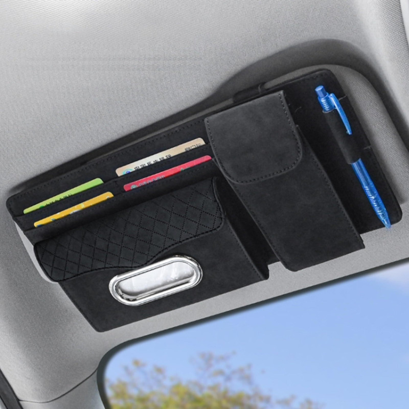 Augen PU Leather Car Sun Visor Organizer with Tissue Box Sunglass Card Pen Holder Vehicle Tissue Dispenser(Black)