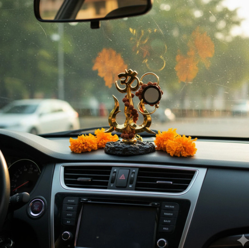 kishu Enterprises Gold Finish Om, Trishul Lord Shiva Mahakal Om, Trishul, & Damaru Car Dashboard Idol with Rudraksha Beads Car Dashboard Cover(Maruti Suzuki 3 Series 328i Sportline)