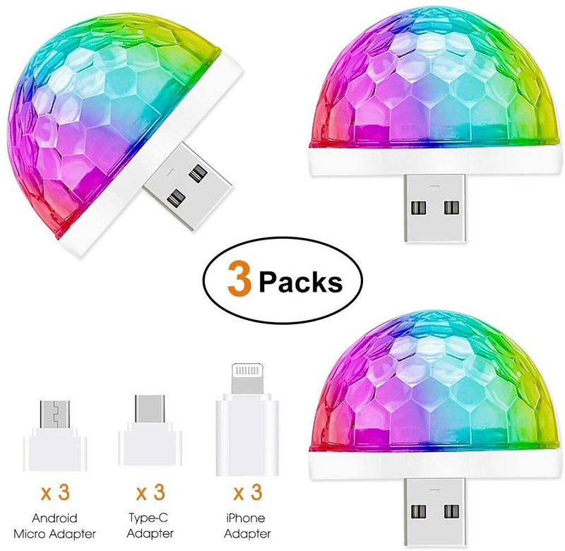 carfrill USB Mini Disco Light,3 Packs,Party Lights Ball Sound Activated Car Fancy Lights(Multicolor)